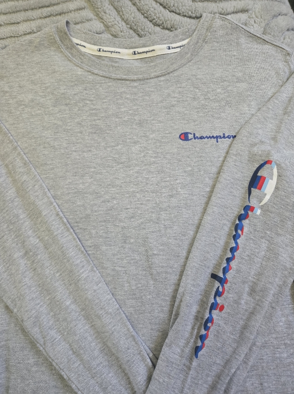 Champion Women's Gray Script Logo Tee with Red & Blue Accents Size Med